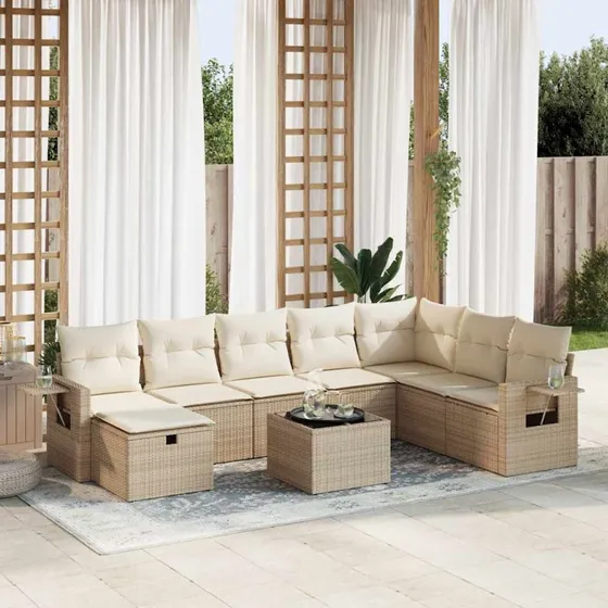 vidaXL 9-deligt havemøbelssæt med polyrattan, beige