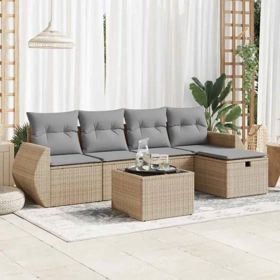EcoRattan Sofasæt 6 Dele Beige/Grå med Opbevaring