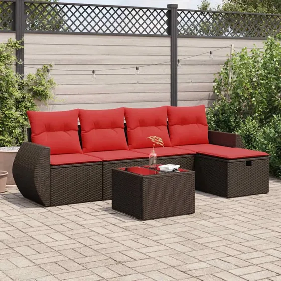 vidaXL 6-delssofasæt med hynder polyrattan brun