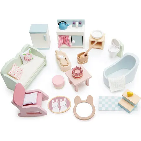 Dukkehusmøbler Startsæt – Stue, Køkken & Bad, Træ 1:12