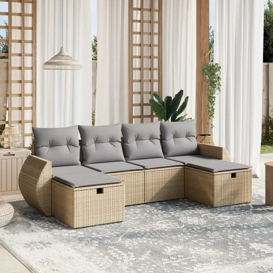 Havesofasæt 6 dele med hynder polyrattan beige/sort med opbevaring
