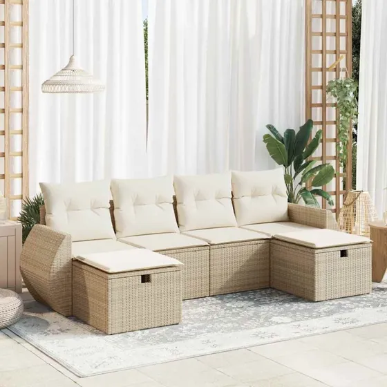 vidaXL 6-deligt havesofasæt med hynder i polyrattan, beige