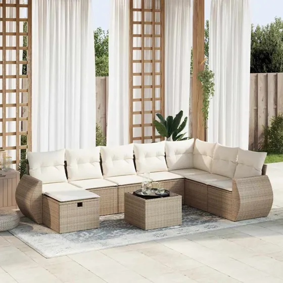 vidaXL 9-delers havemøbelssæt med hynder i polyrattan, beige