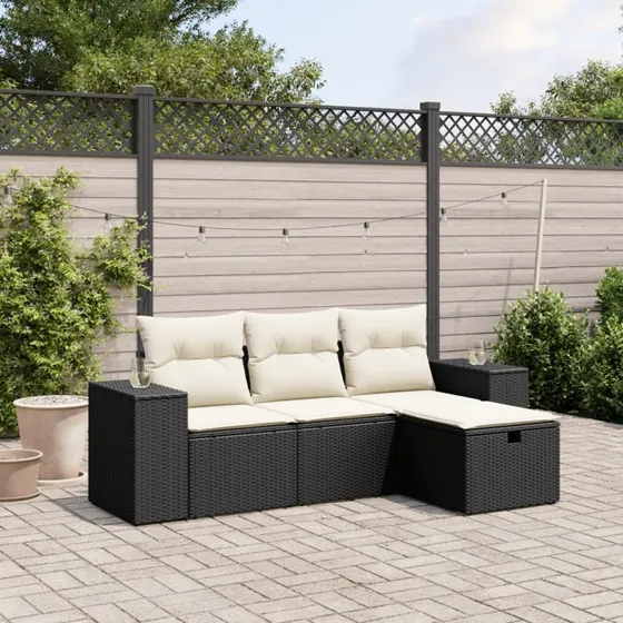 Sofasæt Til Haven 4 Dele Med Hynder Polyrattan Sort - Beige og Grå / Med Opbevaring