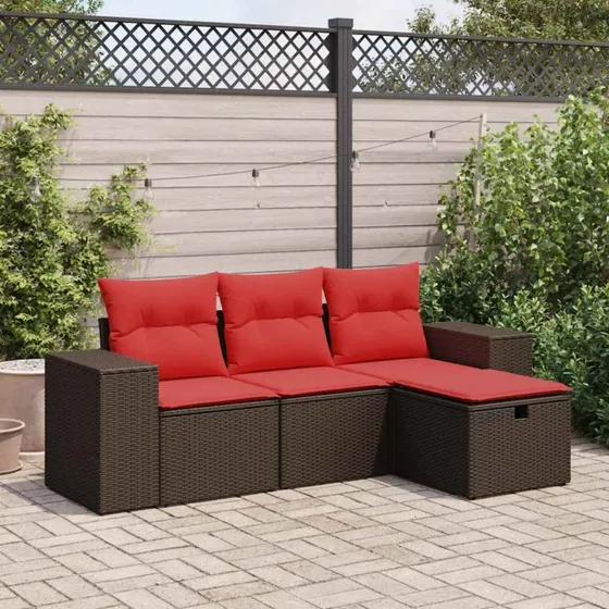 vidaXL 4-delssofasæt med hynder i polyrattan, brun
