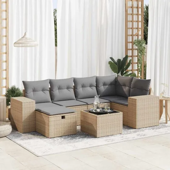 Sofasæt Til Haven 7 Dele Med Hynder Polyrattan Beige - Sort