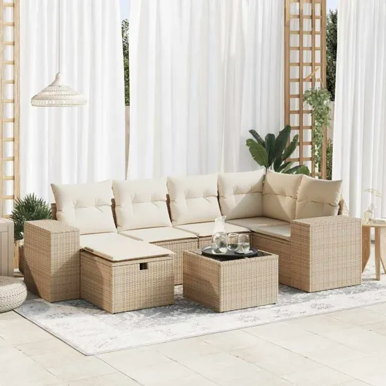 vidaXL 7-deligt havesofasæt med hynder, polyrattan beige