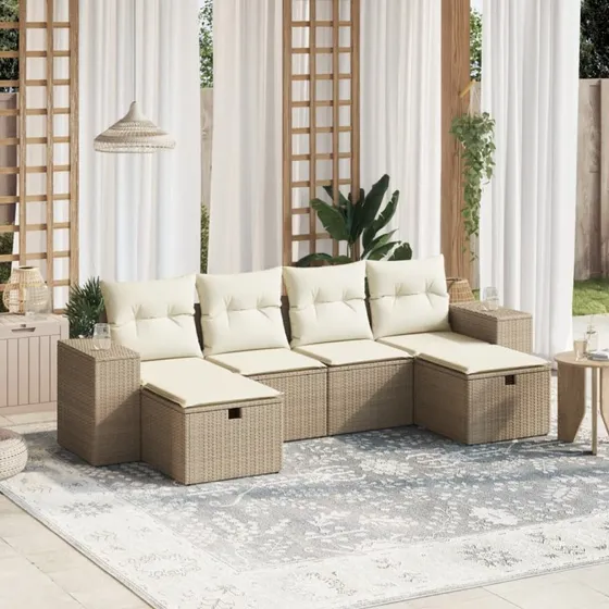 Sofasæt Til Haven 6 Dele Med Hynder Polyrattan Beige - Grå / med opbevaring