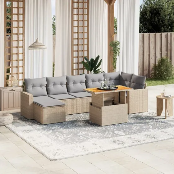Havesofasæt 8 dele polyrattan beige/sort med hynder