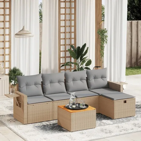 Havesofasæt 6 dele med hynder polyrattan beige/sort med opbevaring