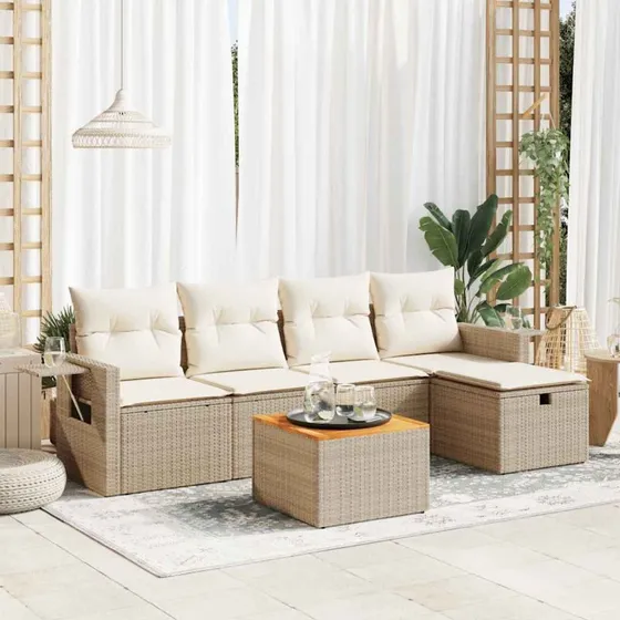 vidaXL 6-delssofasæt med hynder i polyrattan, beige