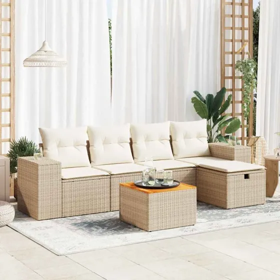 vidaXL 6-deles havesofasæt med hynder i polyrattan beige