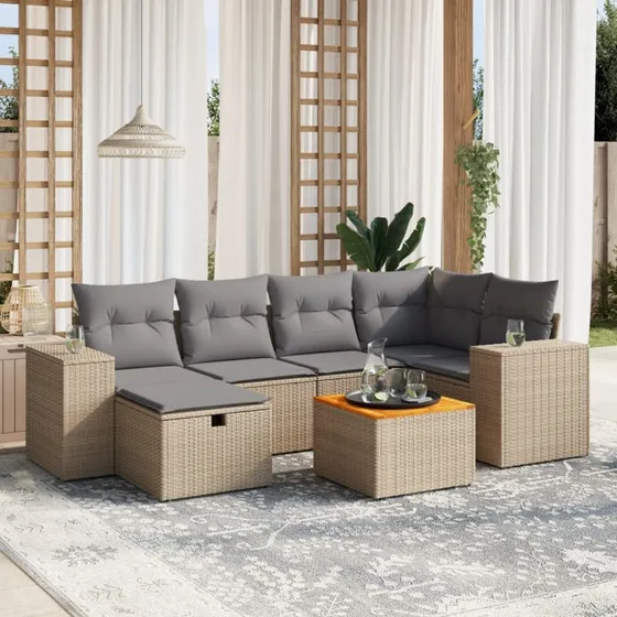 Havesofasæt 7 Dele Polyrattan Beige med Hynder