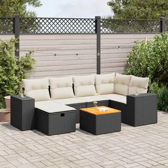 vidaXL 7-deles havesofasæt med hynder i polyrattan sort