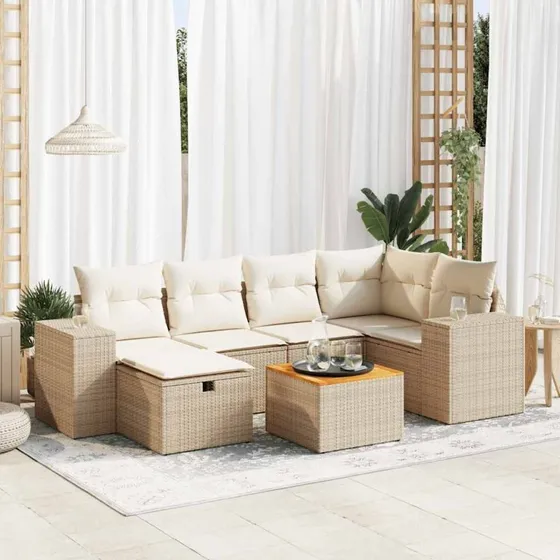 vidaXL 7-deles havesofasæt med hynder i polyrattan beige