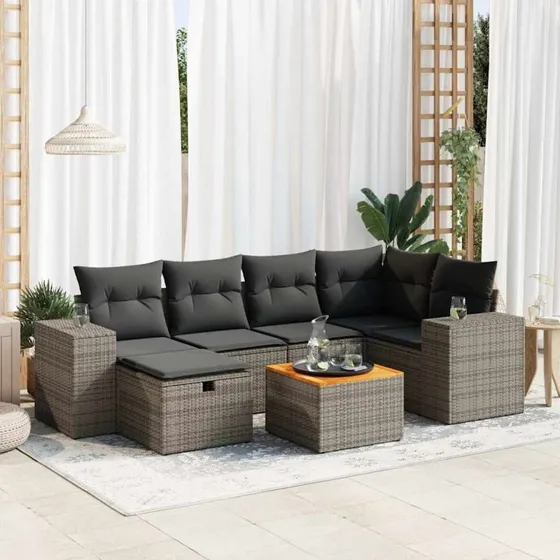 Havesofasæt 7 Dele Polyrattan Beige/Grå med Opbevaring
