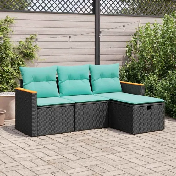 vidaXL 4-delssofasæt med hynder, polyrattan sort