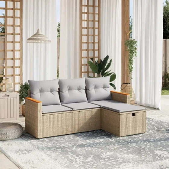 Sofasæt Til Haven 4 Dele Med Hynder Polyrattan Beige - Grå / med opbevaring