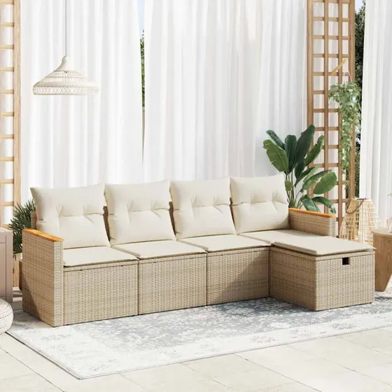 vidaXL 5-deligt havesofasæt med hynder, polyrattan, beige
