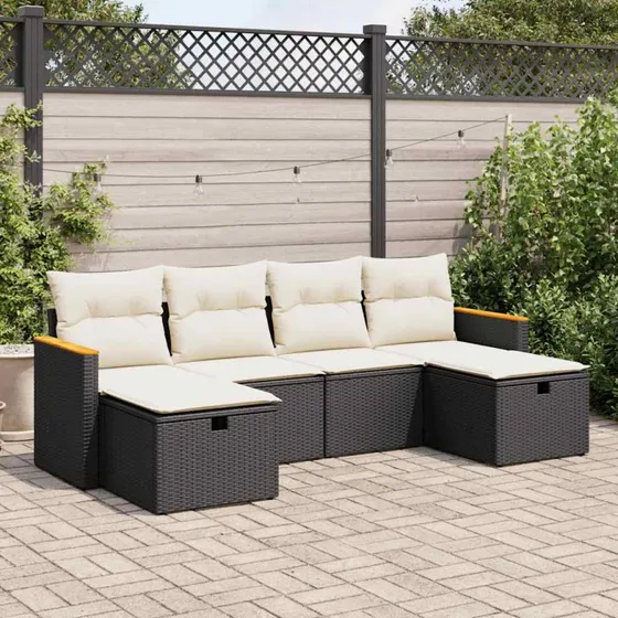 vidaXL 6-deles havesofasæt med hynder i polyrattan sort