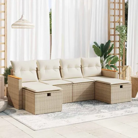 vidaXL 6-deles havesofasæt med hynder i polyrattan, beige