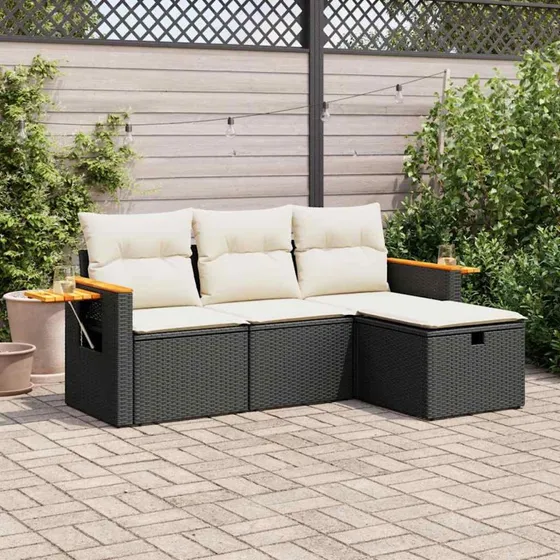 vidaXL 4-delssofasæt med hynder, polyrattan sort
