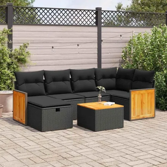 Sofasæt til have 7 dele med hynder polyrattan sort
