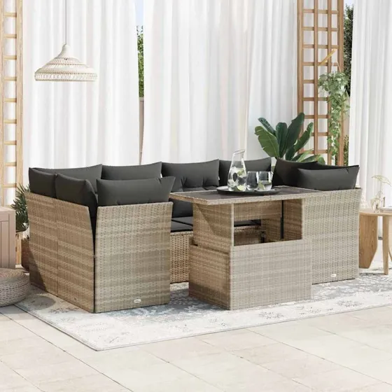 vidaXL 7-delssofasæt med hynder, polyrattan lysegrå