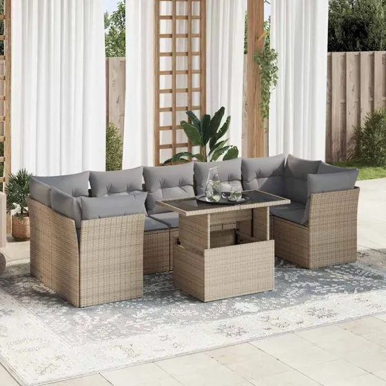 vidaXL 8-deligt polyrattan sofasæt med hynder, beige
