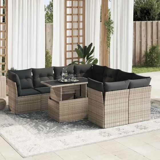 vidaXL 9-delssofasæt med hynder i polyrattan grå