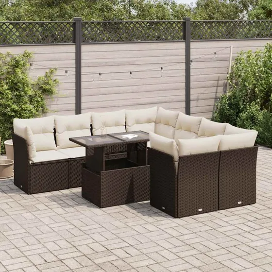 vidaXL 9-delssofasæt med hynder i polyrattan brun
