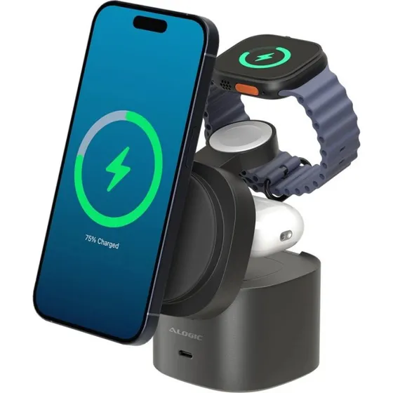ALOGIC PowerPod 4-in-1 Qi2 Trådløs Opladningsstand, Sort, 15W