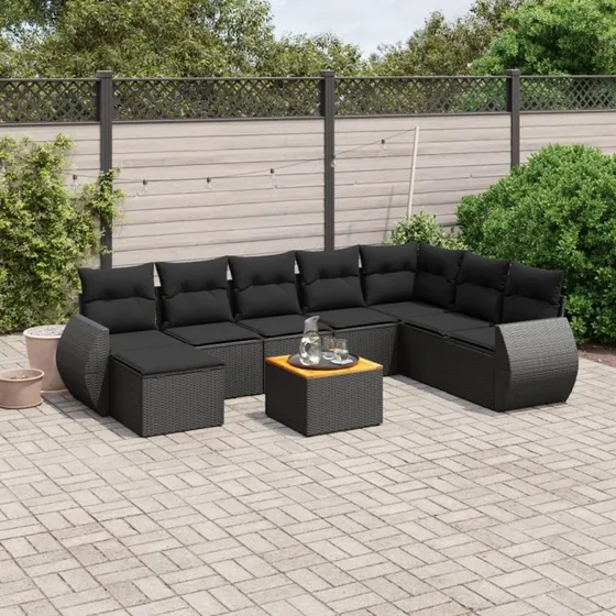 vidaXL 9-delssofasæt med hynder i polyrattan, sort