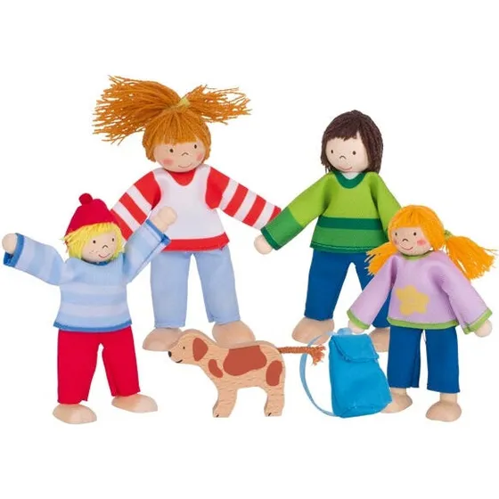 Dukkefamilie til dukkehus med hund, trædukker 9–11 cm