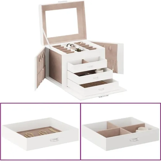 vidaXL smykkeskrin 4-lags med spejl, låsbar, 22,5x17,5x16,5 cm, hvid