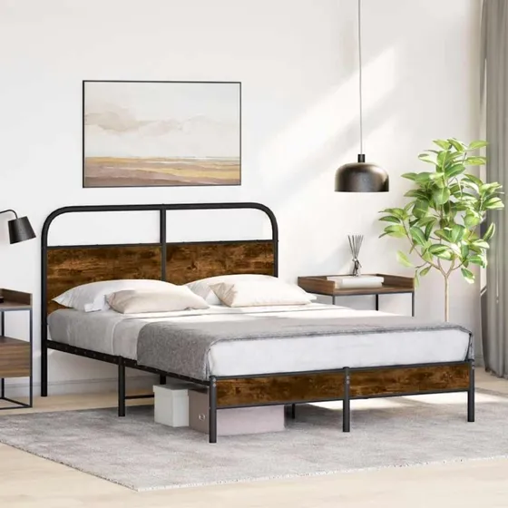 vidaXL Sengeramme 135x190 cm Røget Eg med Metalramme og Sengegavl