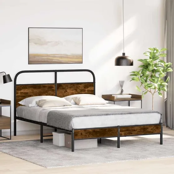 vidaXL Sengeramme 140x190 cm Røget Eg Metal, Uden Madras