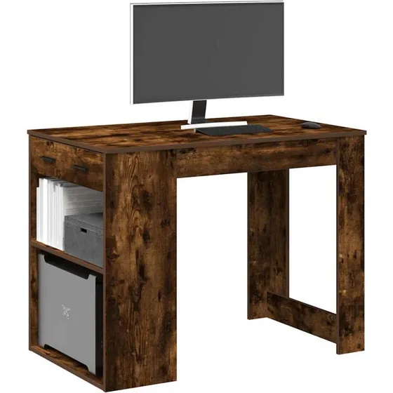 vidaXL Skrivebord med Skuffe og Hylde 102x62x77,5 cm, Røget Egetræsfarve