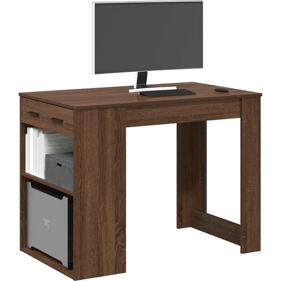 vidaXL Skrivebord med Skuffe og Hylde 102x62x77,5 cm Brun Egetræ