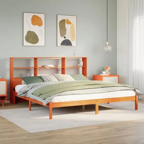 vidaXL Seng med Reol 200x200cm Gyldenbrun Massivt Fyrretræ