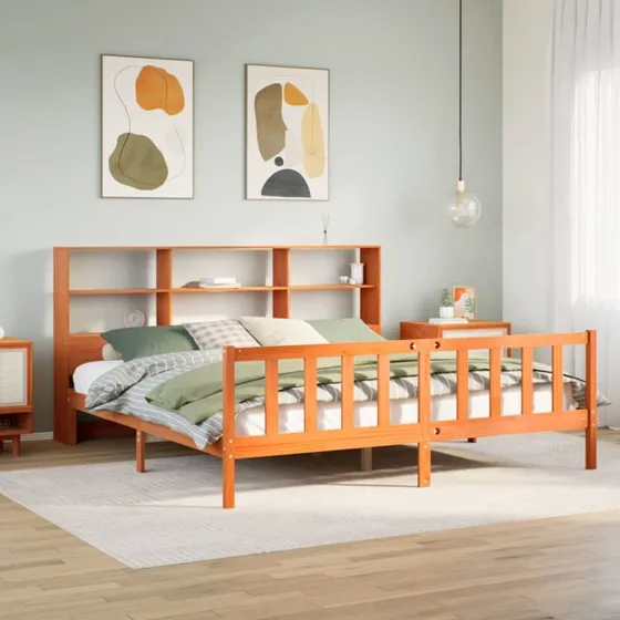 vidaXL seng 200x200cm fyrretræ gyldenbrun med bogreol