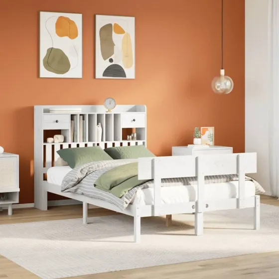 vidaXL Seng med Reol 135x190 cm, Massivt Fyrretræ, Hvid