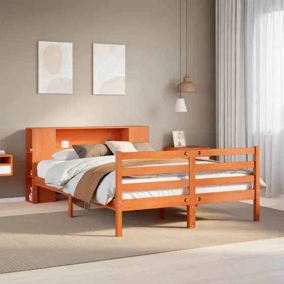 vidaXL Seng 140x190cm med bogreol i massivt fyrretræ gyldenbrun