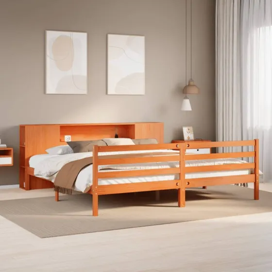 vidaXL Seng med Reol 200x200cm Massivt Fyrretræ Gyldenbrun