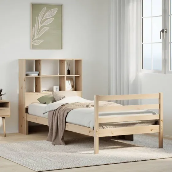 vidaXL Seng 90x200 cm med bogreol i massivt fyrretræ