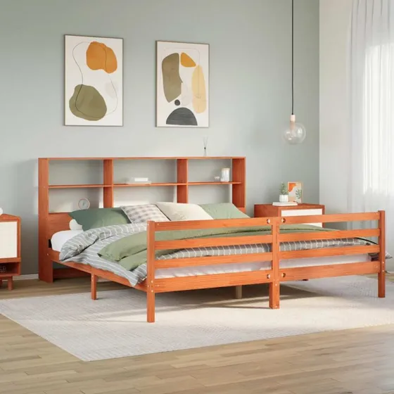 vidaXL Seng med Reol 200x200 cm, Massivt Fyrretræ, Gyldenbrun