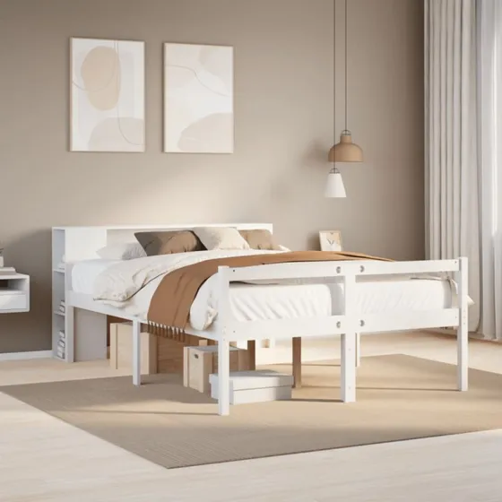 vidaXL Seng med reol 140x190 cm hvid massivt fyrretræ