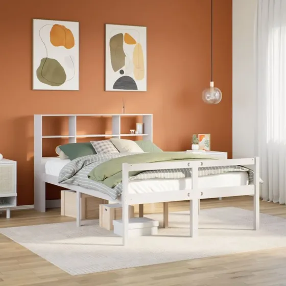 vidaXL Seng med reol 140x190 cm hvid massivt fyrretræ