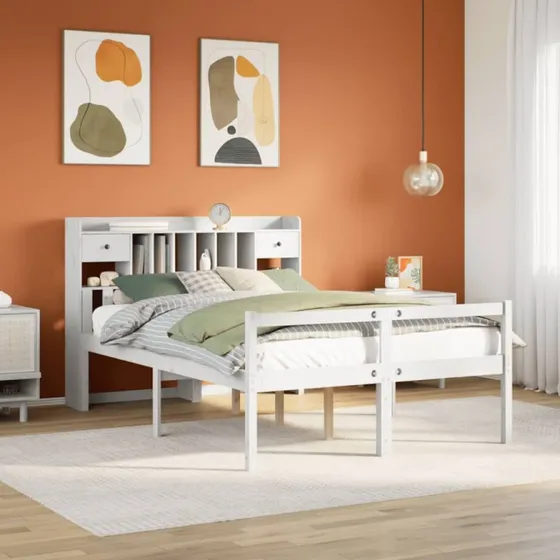 vidaXL Seng med reol 140x190 cm hvid massivt fyrretræ