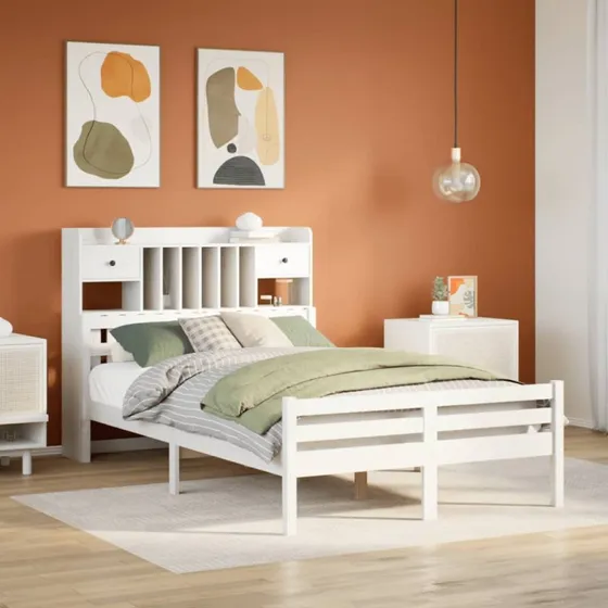 vidaXL Seng med Reol 135x190 cm, Massivt Fyrretræ, Hvid